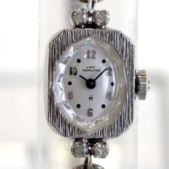 Vtg Lady Hamilton White 14K Gold & Diamond Watch